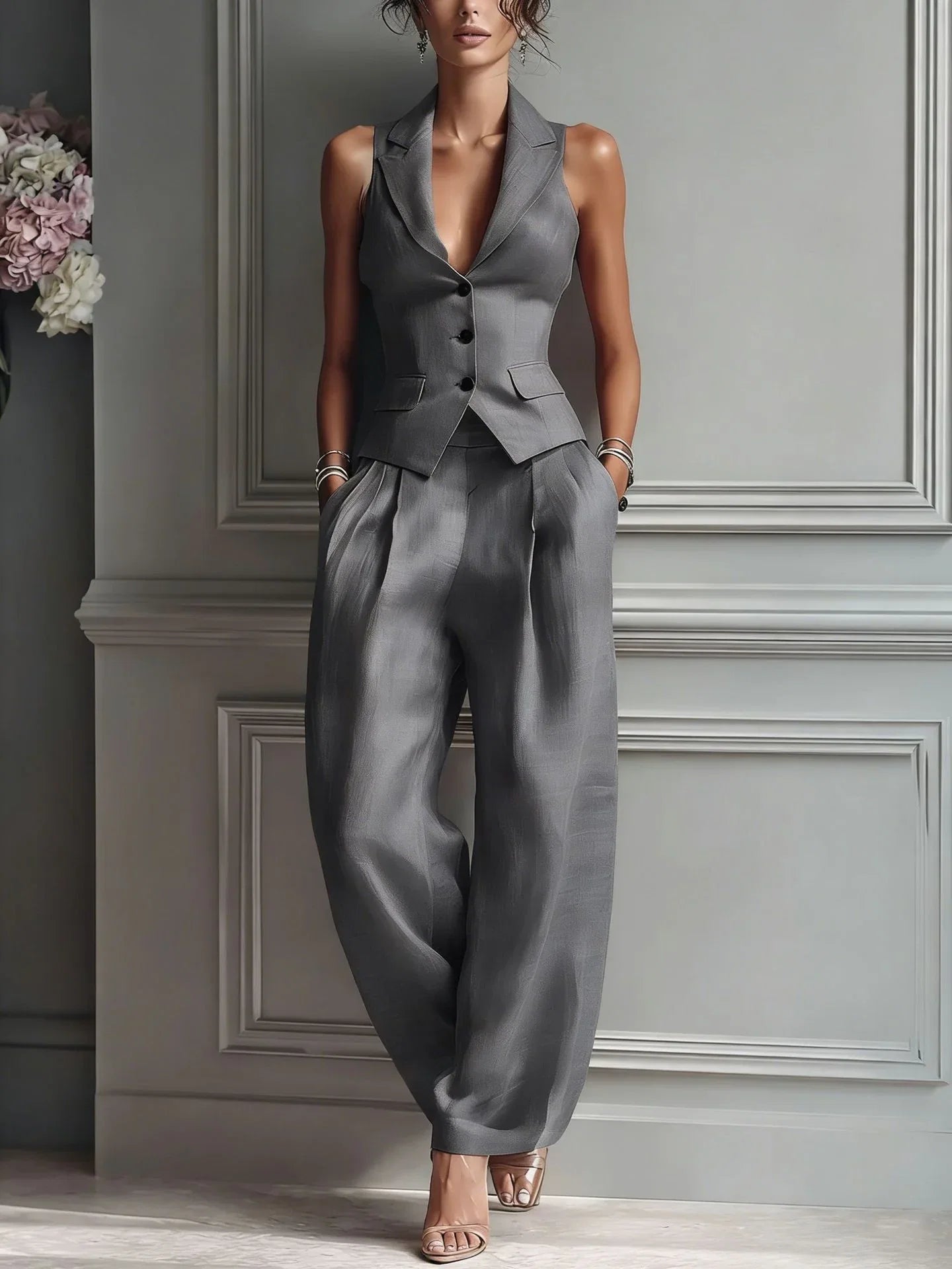 Traje de dos piezas para mujer con cuello en V y botones