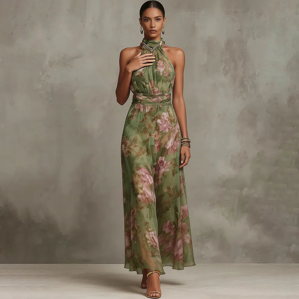 Florence | Vestido maxi de gasa floral verde con cuello halter