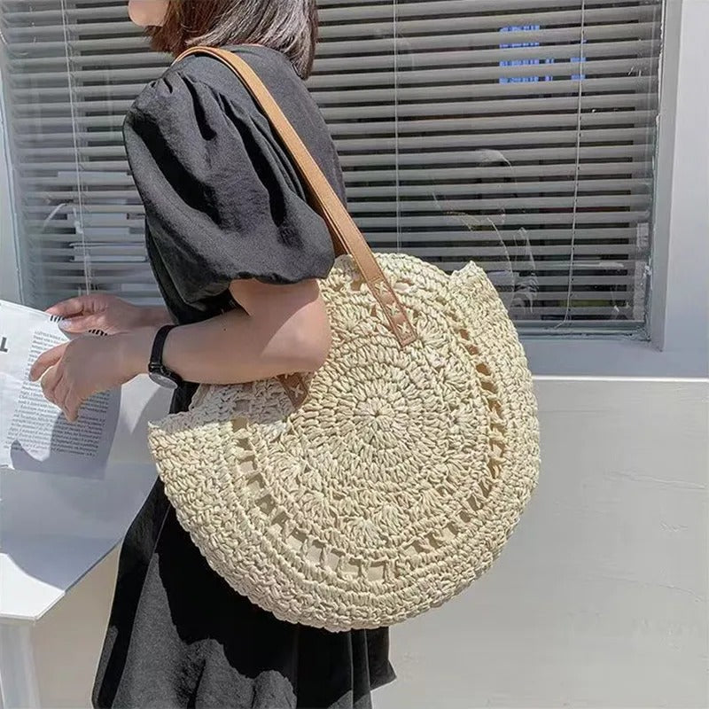 Capri Bolso Redondo de Rafia Tejida Estilo Bohemio