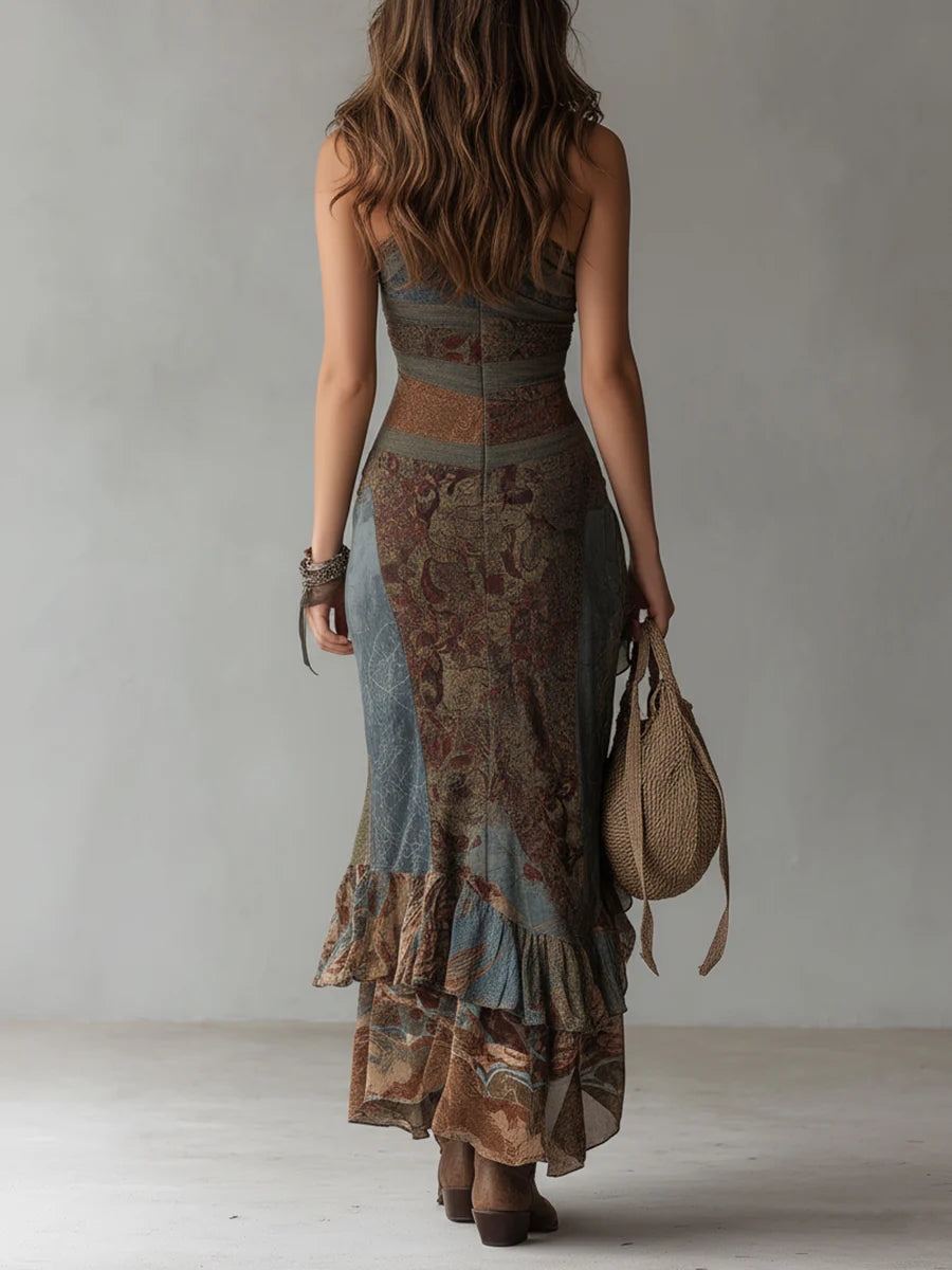 Elena ∙ Vestido largo de un solo hombro con estampado étnico y abertura alta