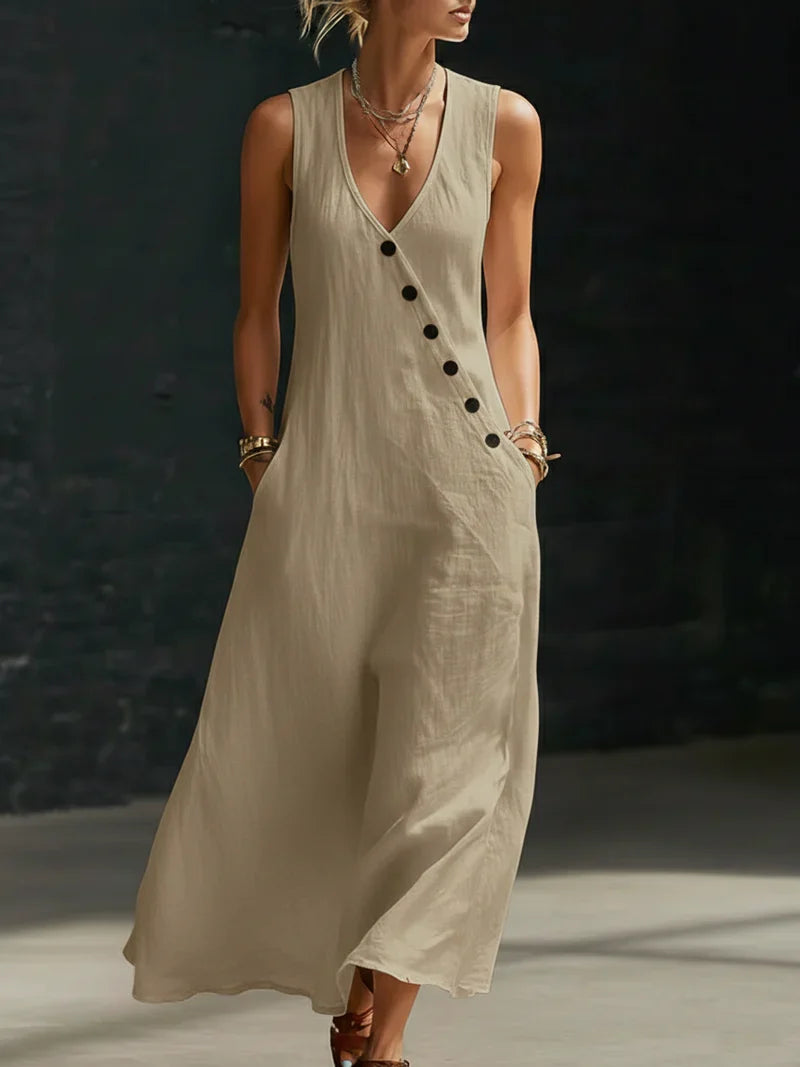 Vestido Maxi Mujer Minimalista con Botones – Estilo Elegante Fluido