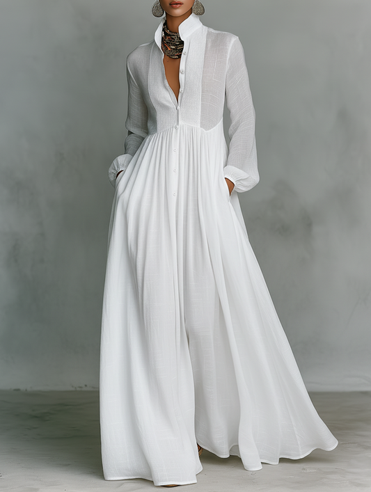 Maria | Vestido maxi minimalista de algodón y lino con cuello alto y manga larga