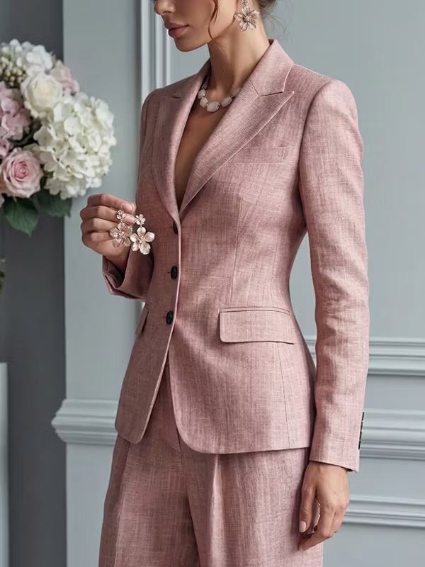 Traje de dos piezas para mujer con cuello en V y botones