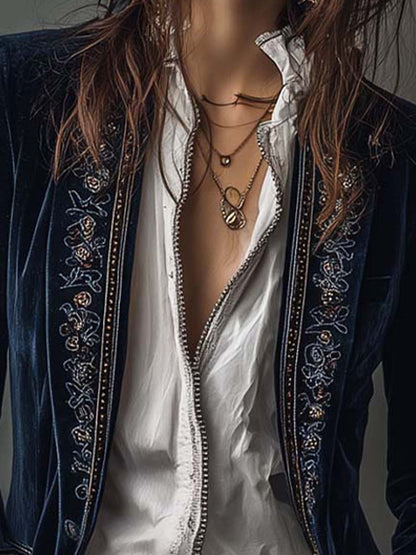 Athénaïs | Chaqueta Larga Bordada Vintage Azul Marino