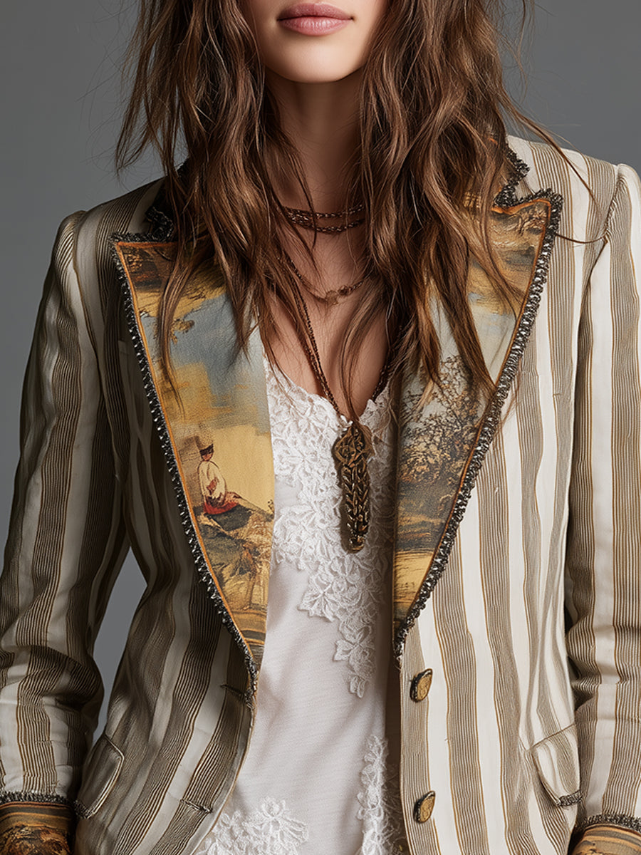 Suzanne | Blazer Bohemio a Rayas con Cuello Estampado