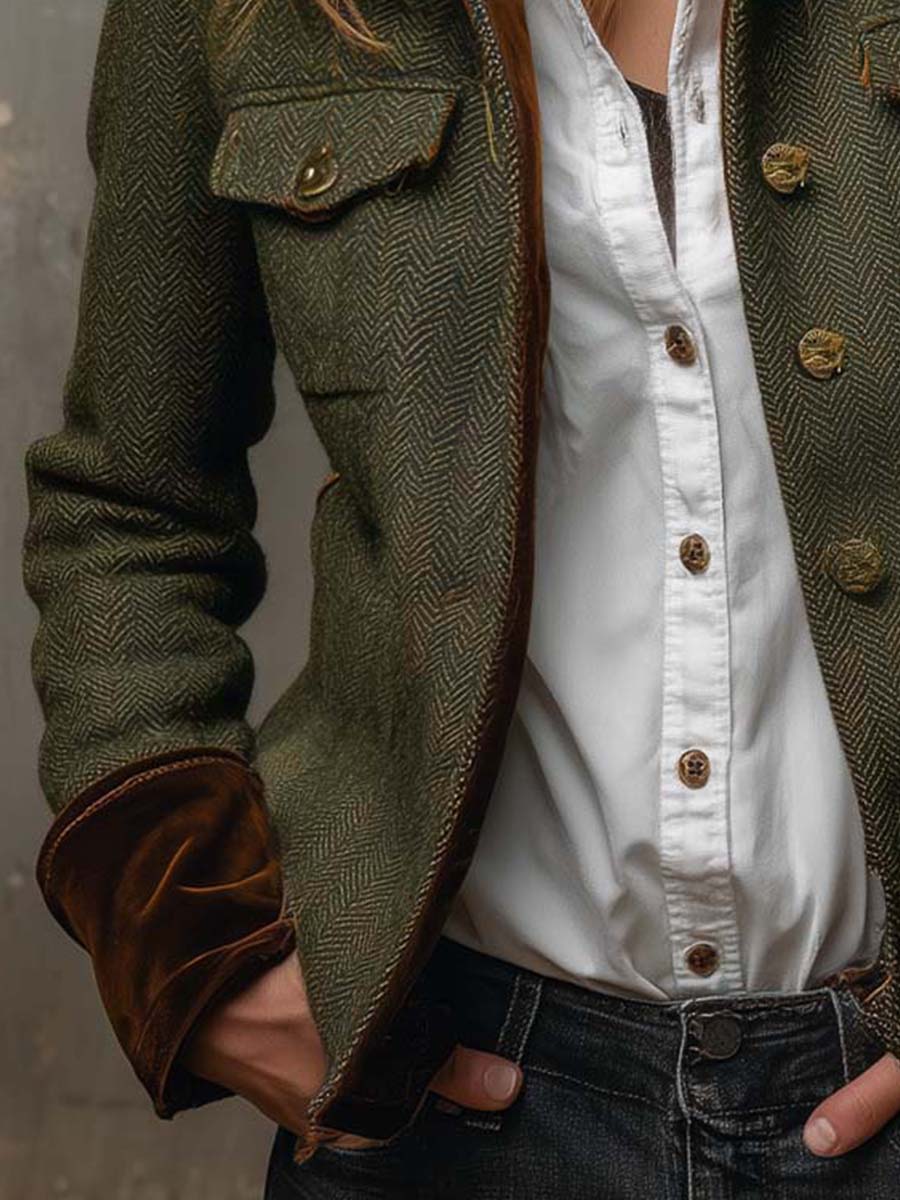Honorine | Blazer Vintage Espiga con Ribetes en Contraste