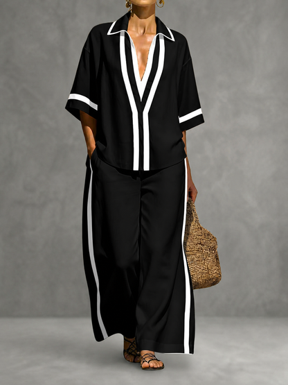Conjunto casual de dos piezas para mujer con moderno diseño en bloques de color