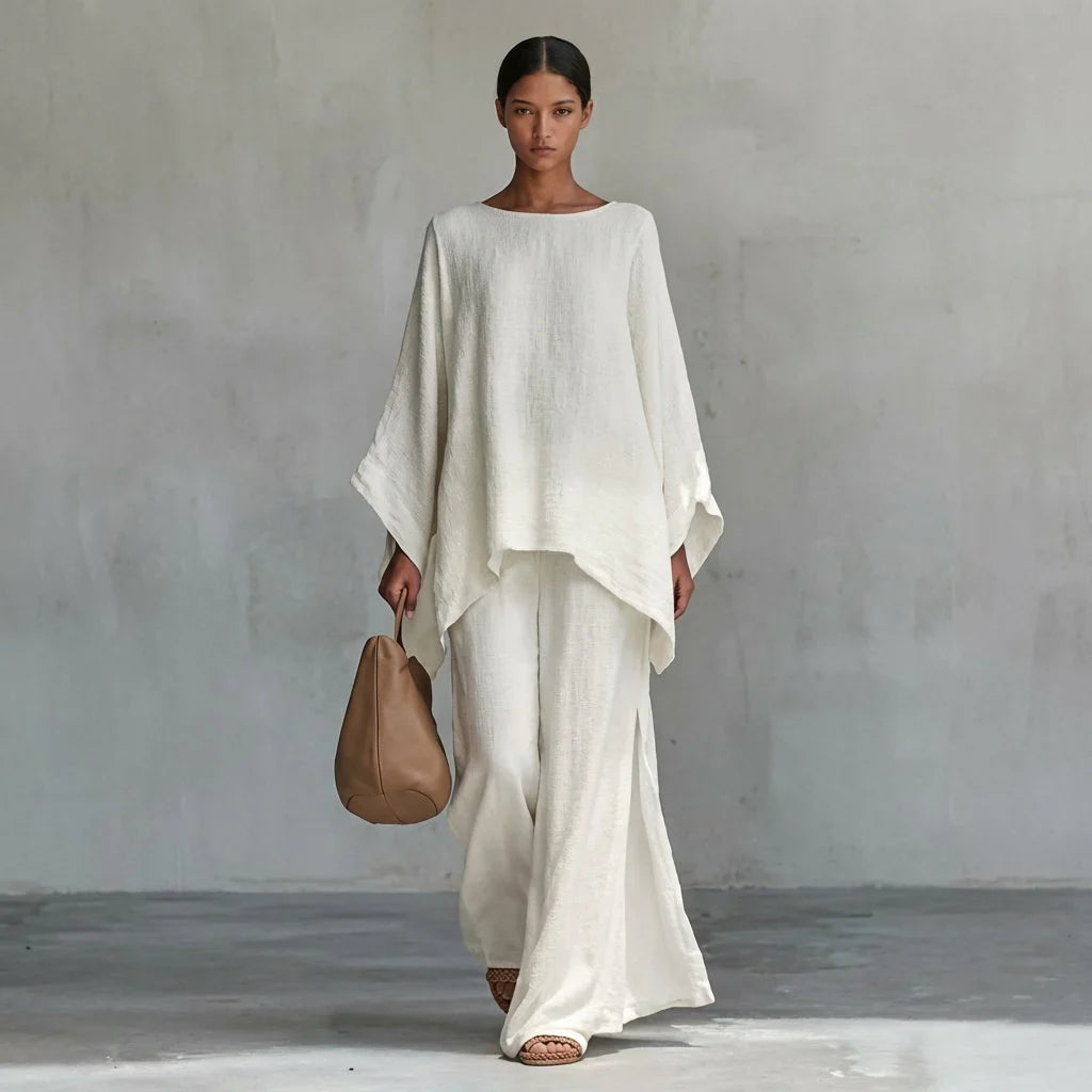 Cristina | Traje de dos piezas con mangas largas y pantalón de pierna ancha