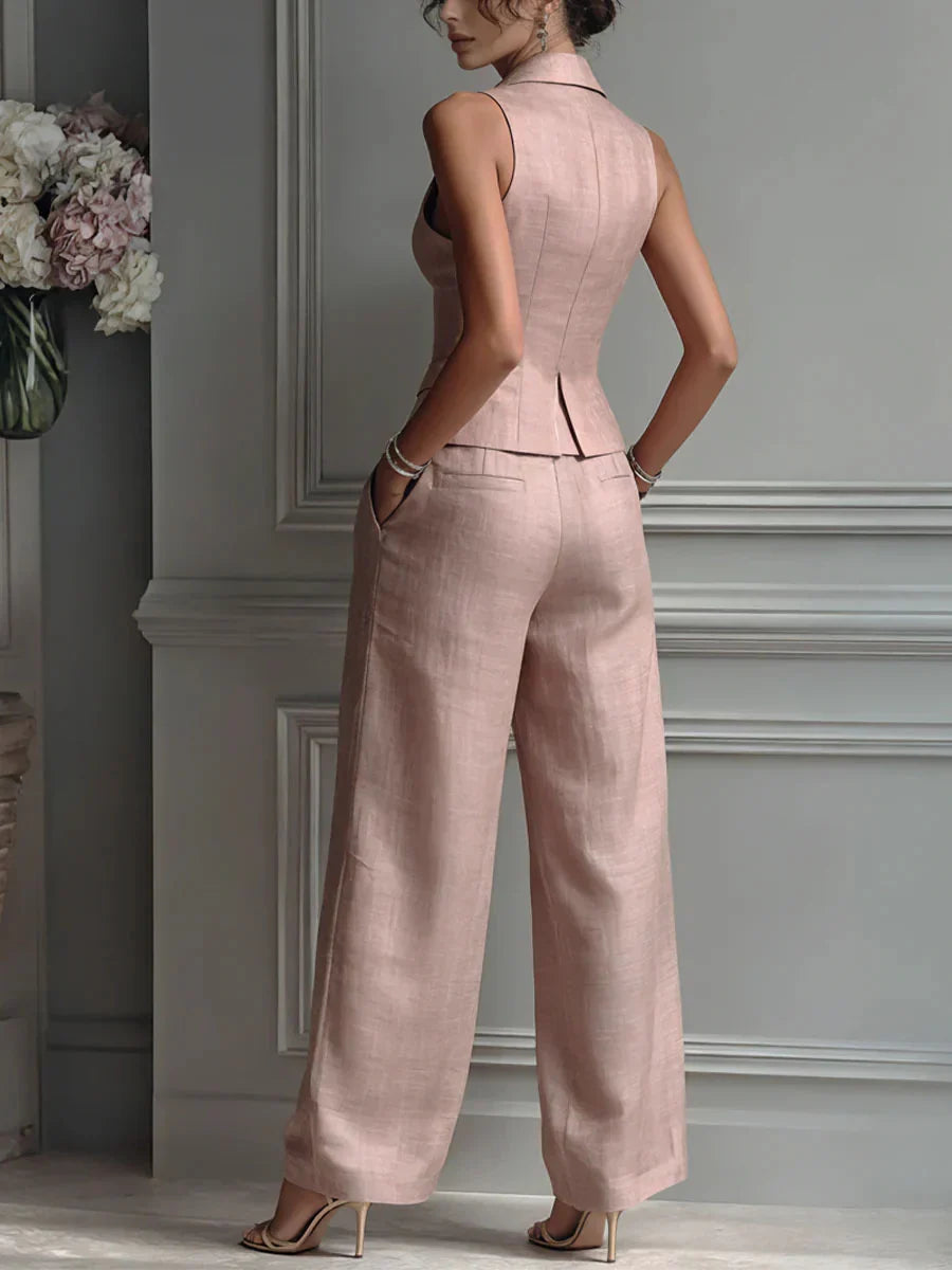 Traje de dos piezas para mujer con cuello en V y botones