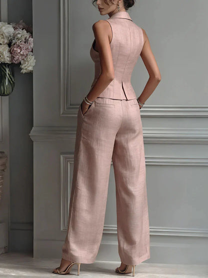 Traje de dos piezas para mujer con cuello en V y botones