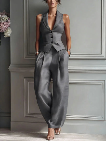 Traje de dos piezas para mujer con cuello en V y botones