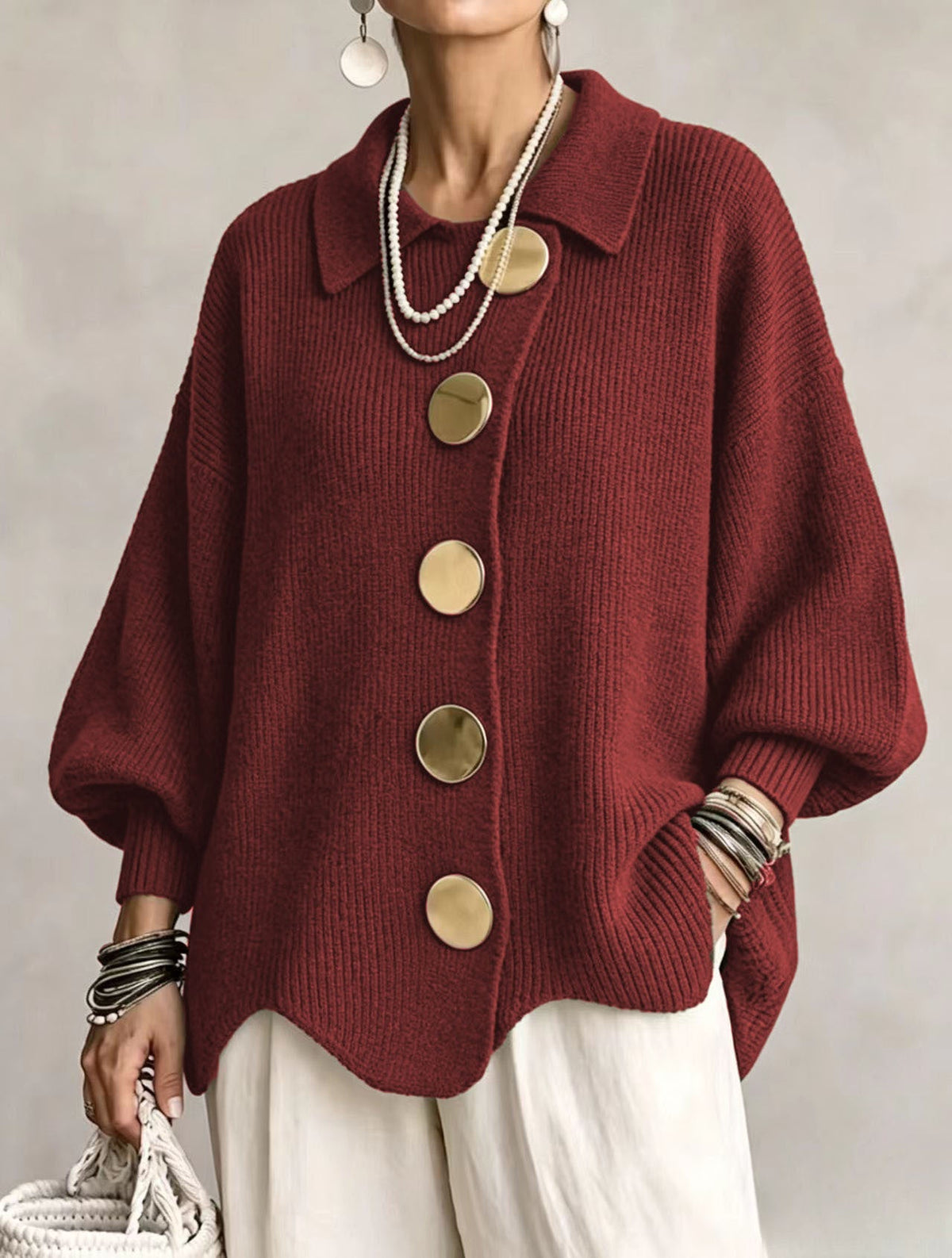 Isadora | Cárdigan Oversize Con Cuello Y Botones Grandes Metálicos