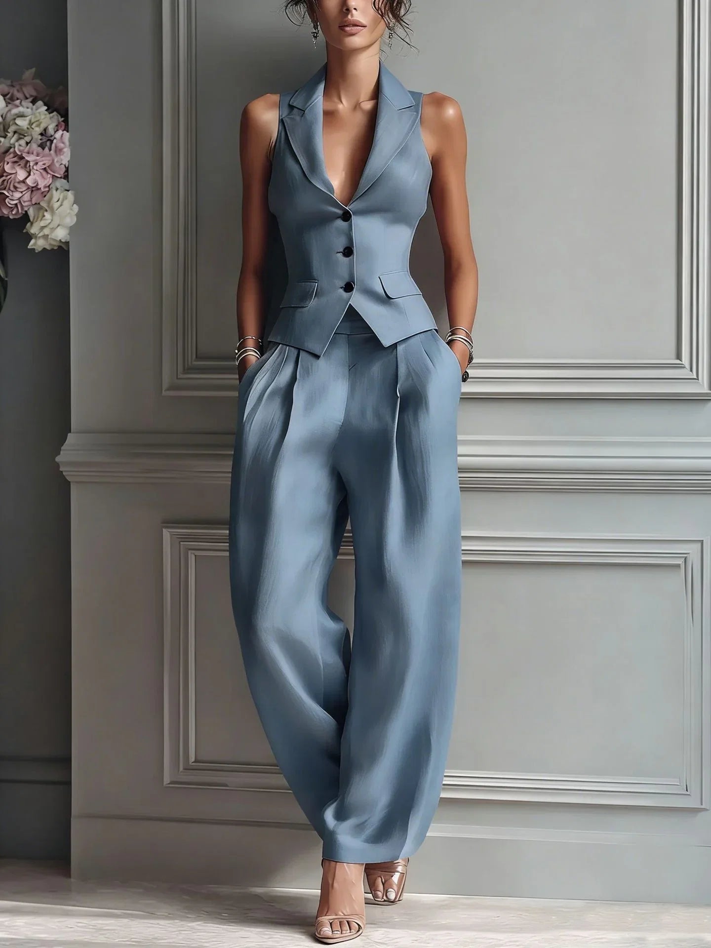Traje de dos piezas para mujer con cuello en V y botones