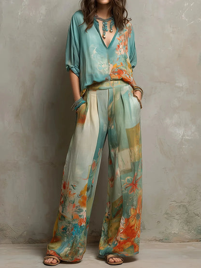Chiara | Elegante conjunto estampado floral con pantalón de pierna ancha