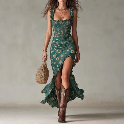 Chloe - Vestido largo de estilo boho retro con mangas fruncidas y abertura alta