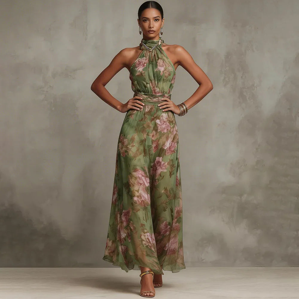 Florence | Vestido maxi de gasa floral verde con cuello halter