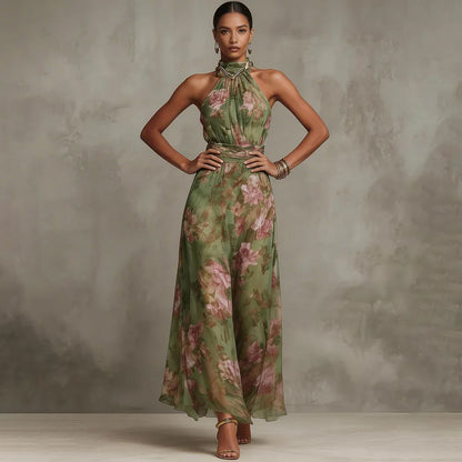 Florence | Vestido maxi de gasa floral verde con cuello halter