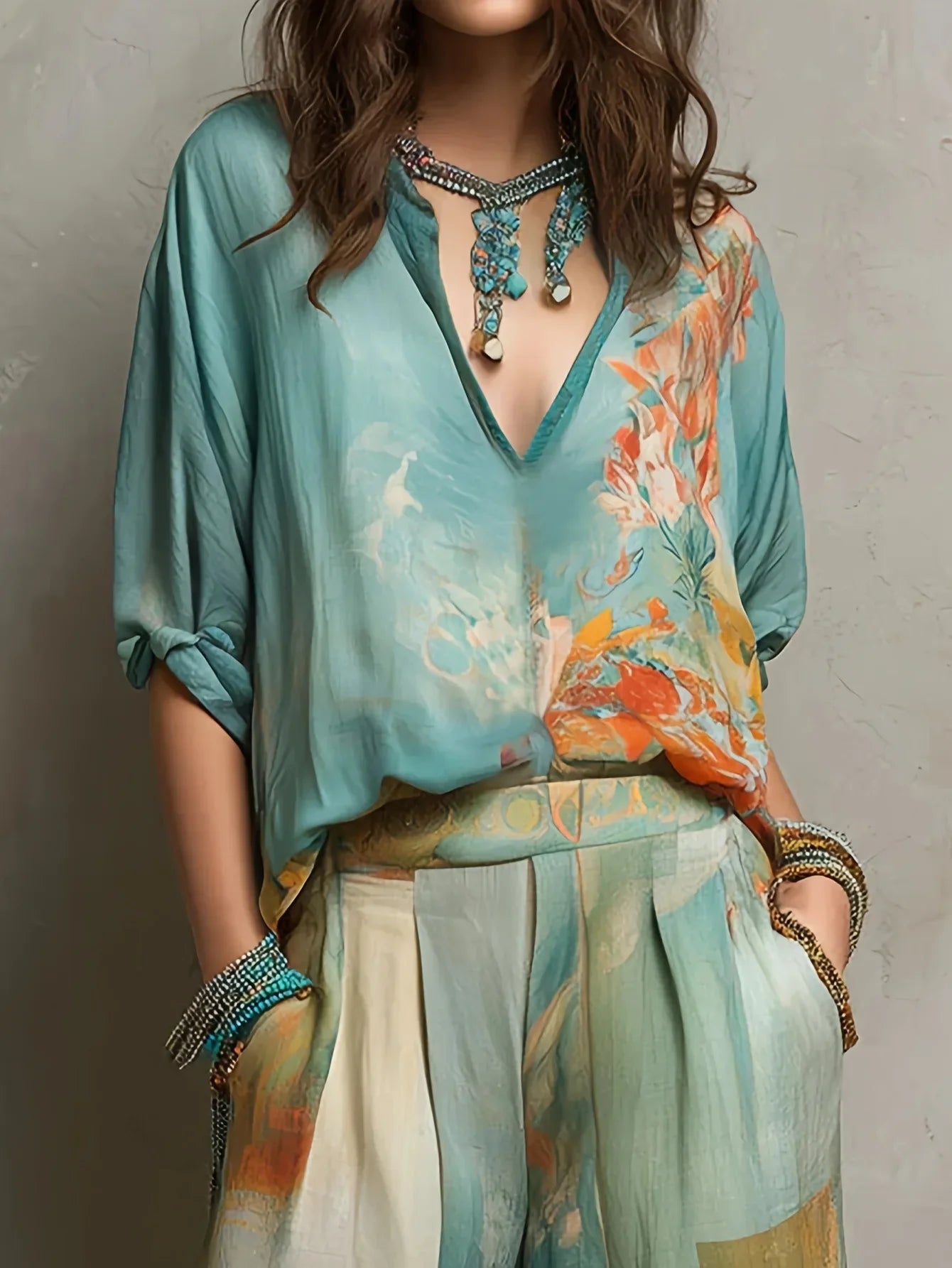 Chiara | Elegante conjunto estampado floral con pantalón de pierna ancha