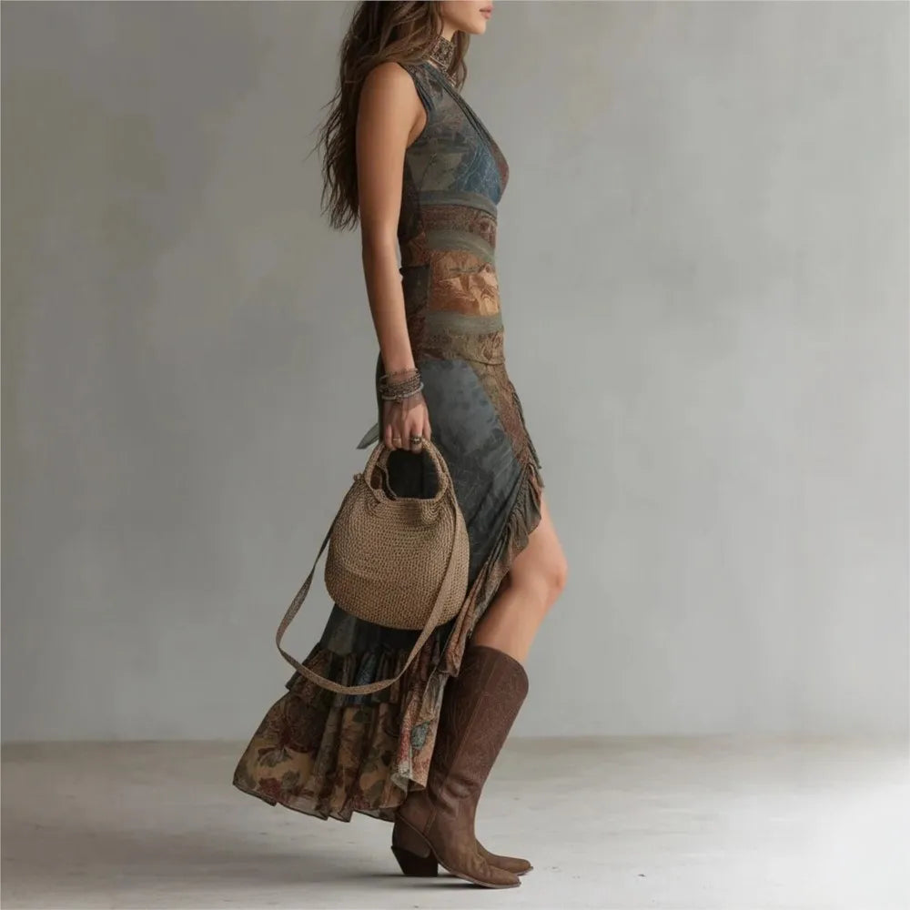 Chloe | Vestido largo asimétrico de un hombro con estampado étnico y abertura alta