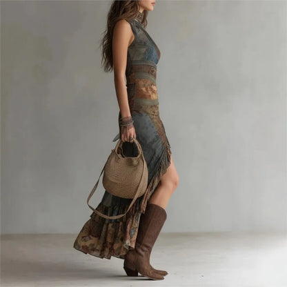 Chloe | Vestido largo asimétrico de un hombro con estampado étnico y abertura alta