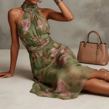 Florence | Vestido maxi de gasa floral verde con cuello halter