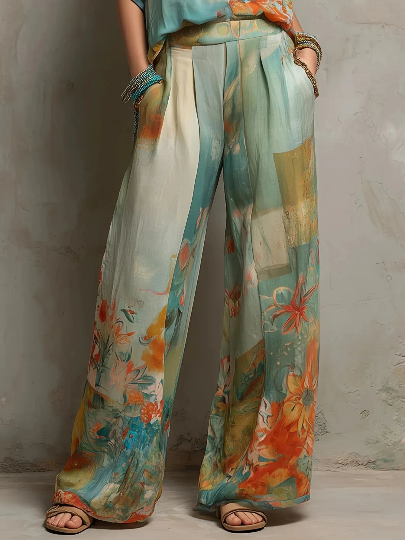Chiara | Elegante conjunto estampado floral con pantalón de pierna ancha