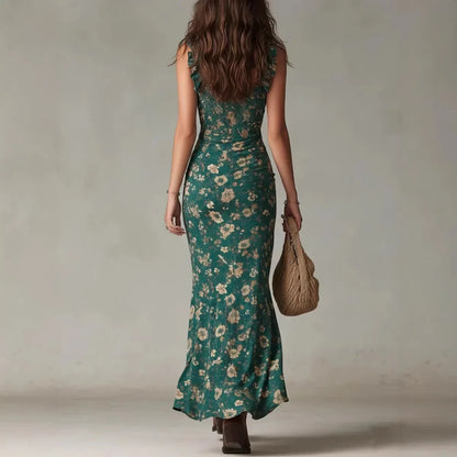 Chloe - Vestido largo de estilo boho retro con mangas fruncidas y abertura alta