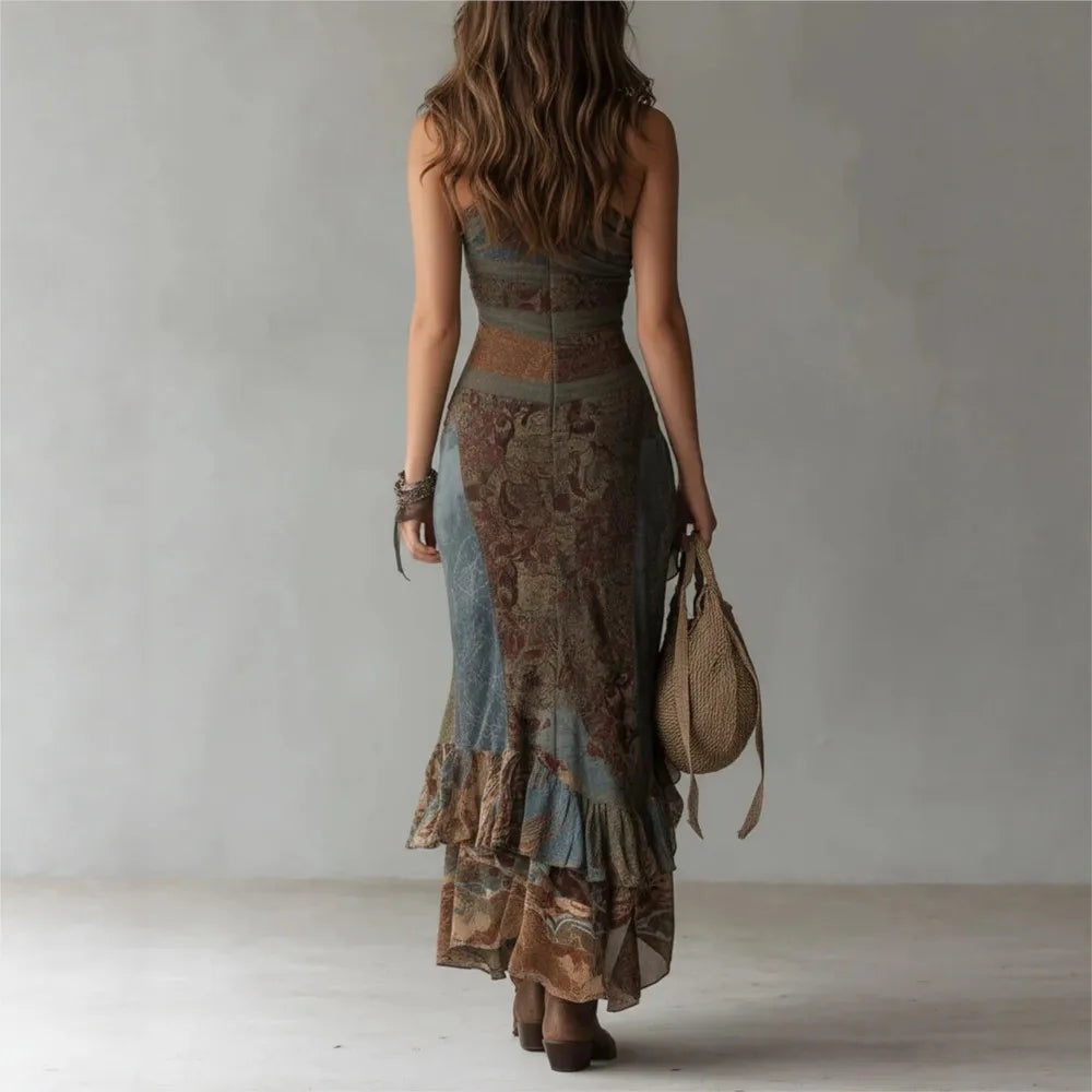 Chloe | Vestido largo asimétrico de un hombro con estampado étnico y abertura alta