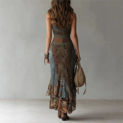 Chloe | Vestido largo asimétrico de un hombro con estampado étnico y abertura alta
