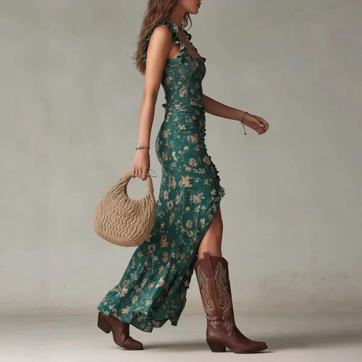 Chloe - Vestido largo de estilo boho retro con mangas fruncidas y abertura alta
