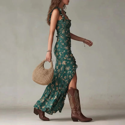 Chloe - Vestido largo de estilo boho retro con mangas fruncidas y abertura alta