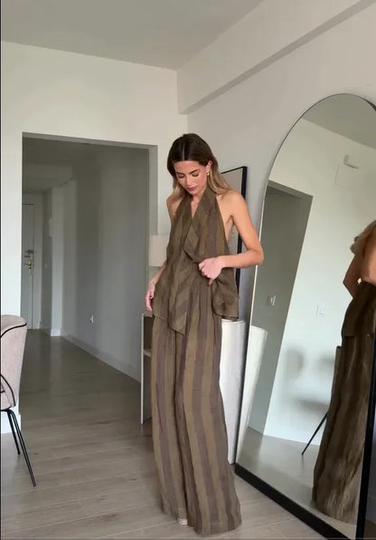 Sonia | Conjunto halter de lino a rayas con pantalón alto