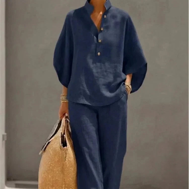 Maribel | Conjunto de lino con mangas murciélago y pantalón ancho