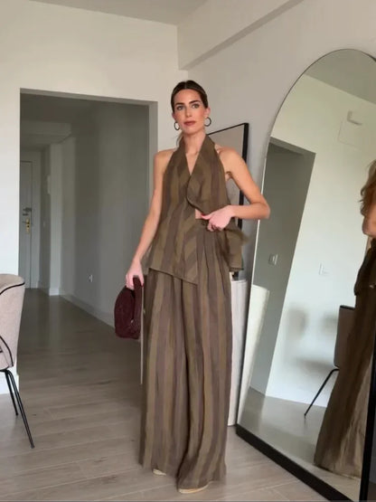 Sonia | Conjunto halter de lino a rayas con pantalón alto
