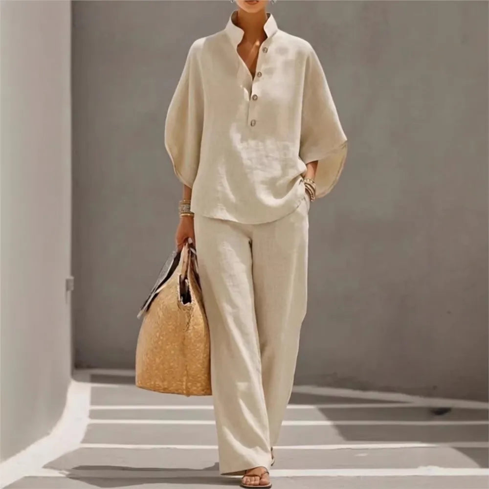 Maribel | Conjunto de lino con mangas murciélago y pantalón ancho