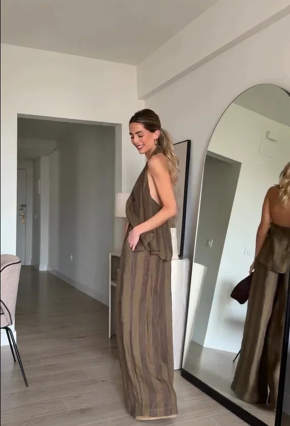 Sonia | Conjunto halter de lino a rayas con pantalón alto