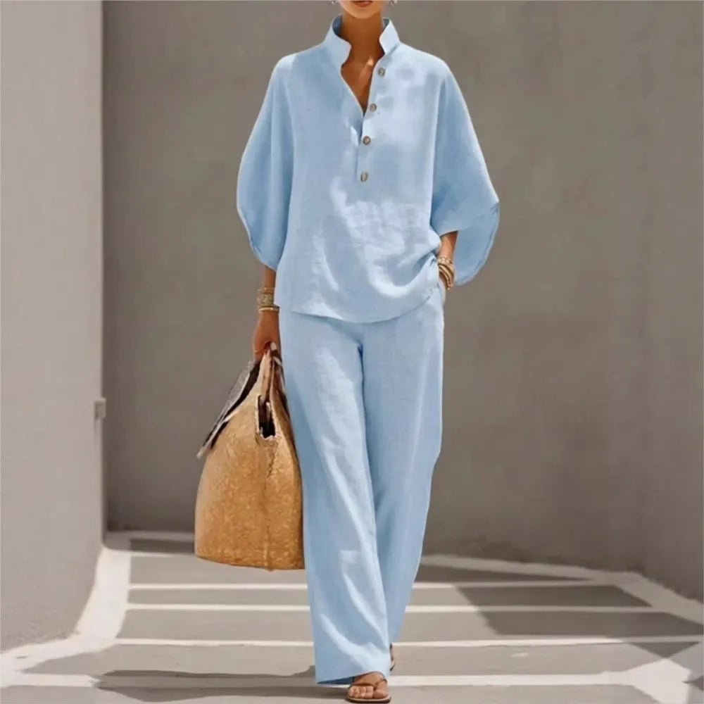 Maribel | Conjunto de lino con mangas murciélago y pantalón ancho