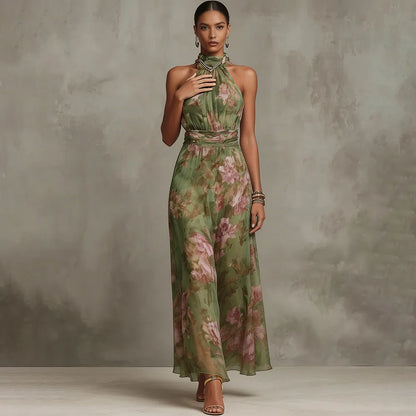 Florence | Vestido maxi de gasa floral verde con cuello halter