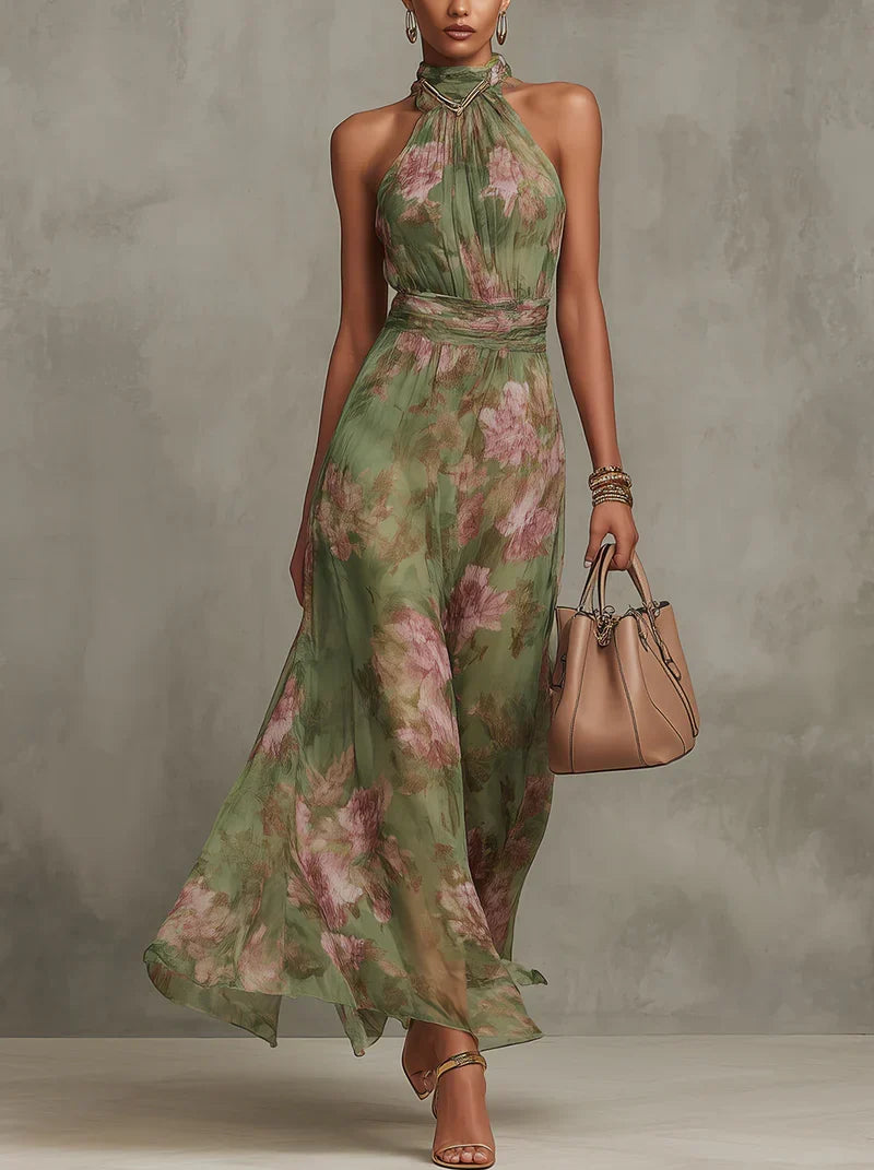 Florence | Vestido maxi de gasa floral verde con cuello halter