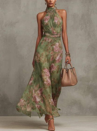 Florence | Vestido maxi de gasa floral verde con cuello halter