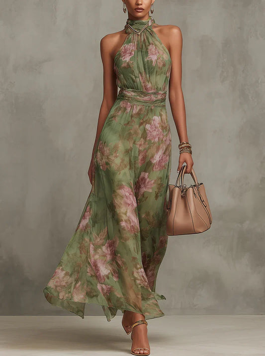 Florence | Vestido maxi de gasa floral verde con cuello halter