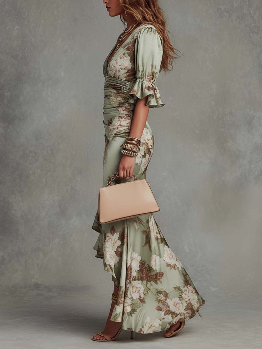 Anastasia | Vestido largo de satén con estampado floral