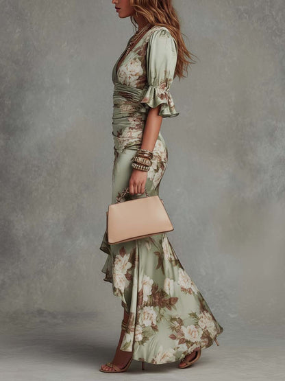 Anastasia | Vestido largo de satén con estampado floral
