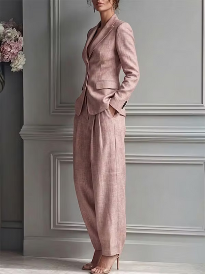 Traje de dos piezas para mujer con cuello en V y botones