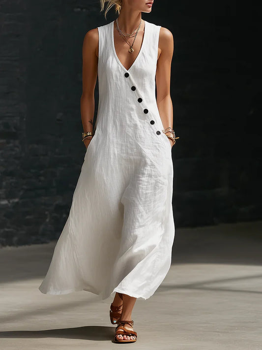 Vestido Maxi Mujer Minimalista con Botones – Estilo Elegante Fluido
