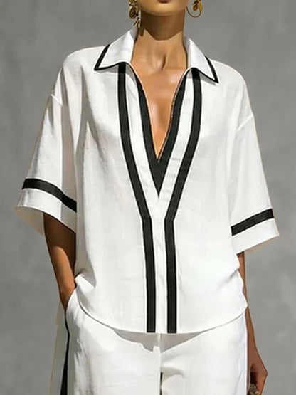 Conjunto casual de dos piezas para mujer con moderno diseño en bloques de color