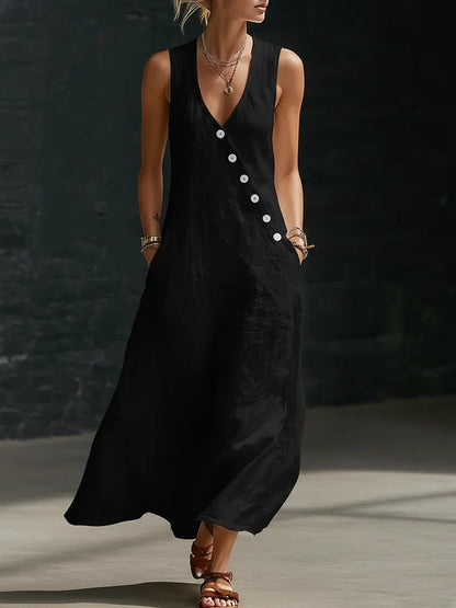 Vestido Maxi Mujer Minimalista con Botones – Estilo Elegante Fluido