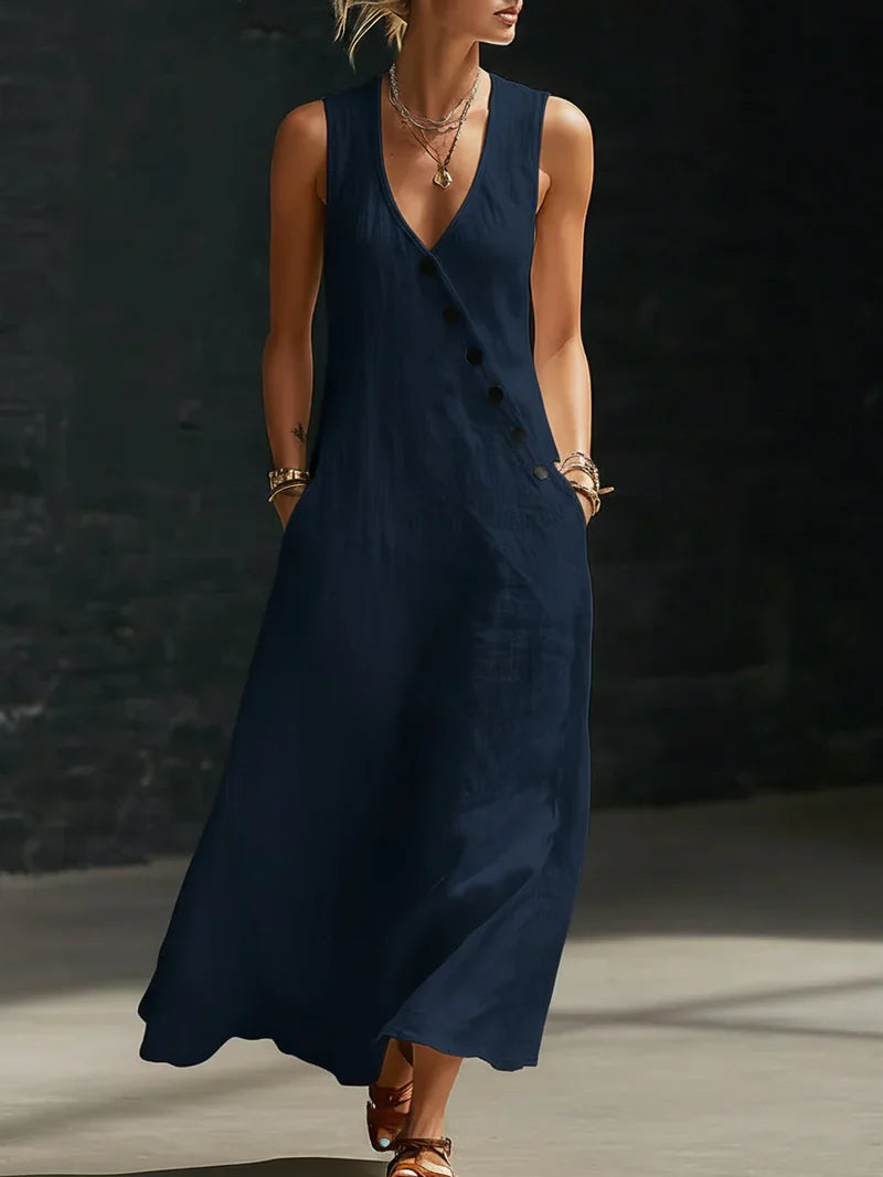 Vestido Maxi Mujer Minimalista con Botones – Estilo Elegante Fluido