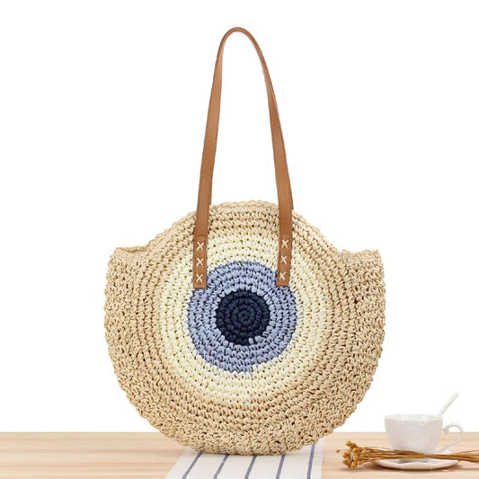 Capri Bolso Redondo de Rafia Tejida Estilo Bohemio