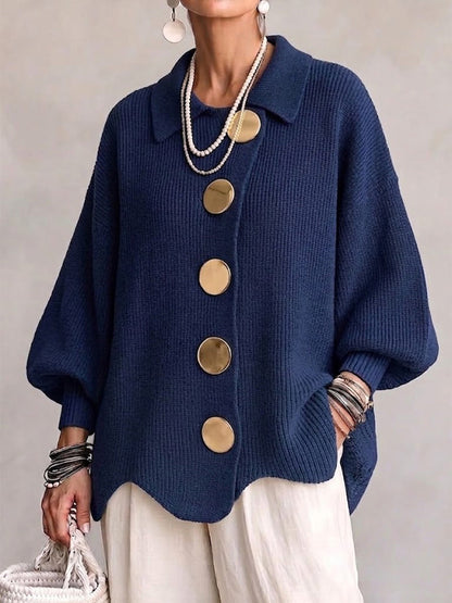 Isadora | Cárdigan Oversize Con Cuello Y Botones Grandes Metálicos